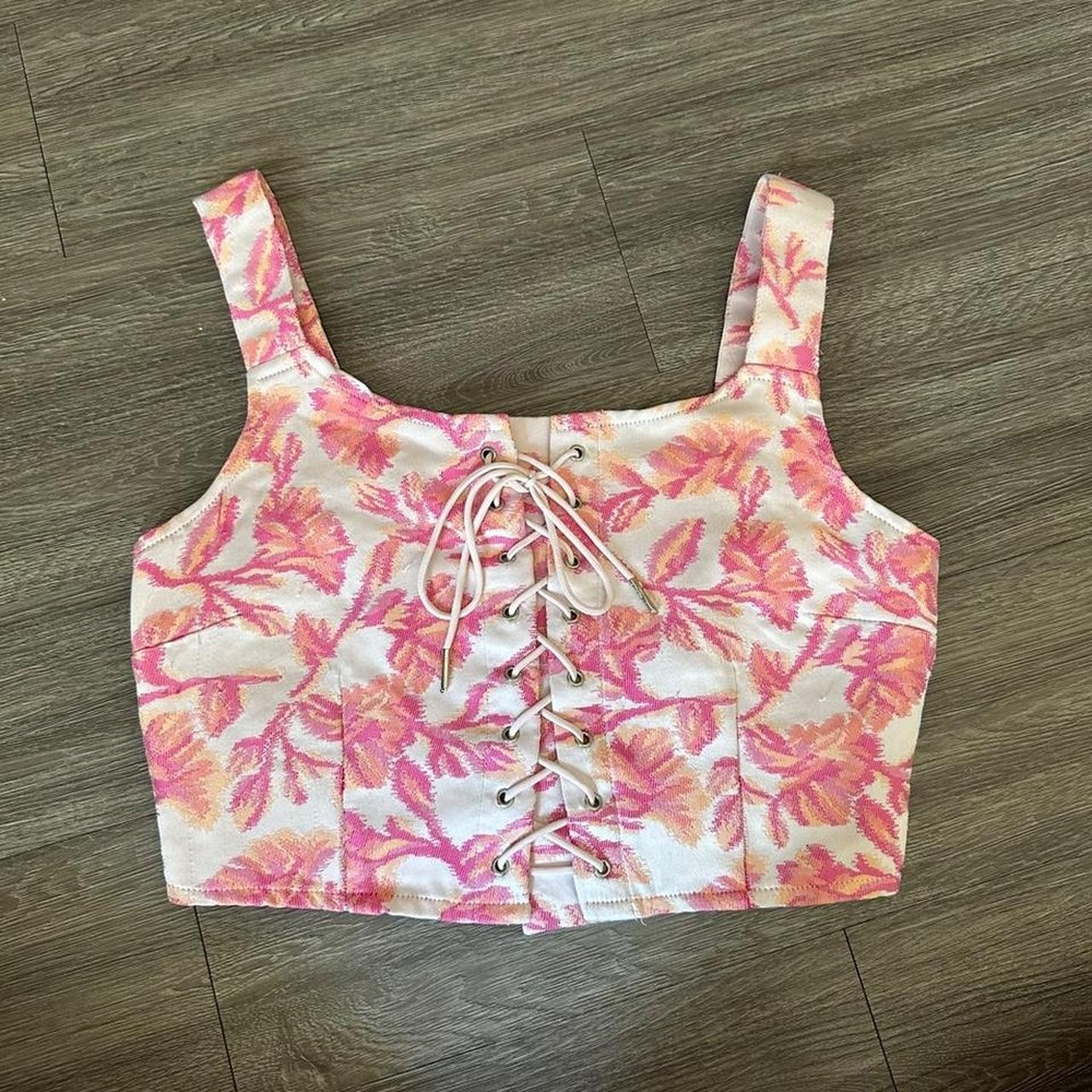 Japna Pink Floral Jacquard Lace Up Corset Crop Top Small